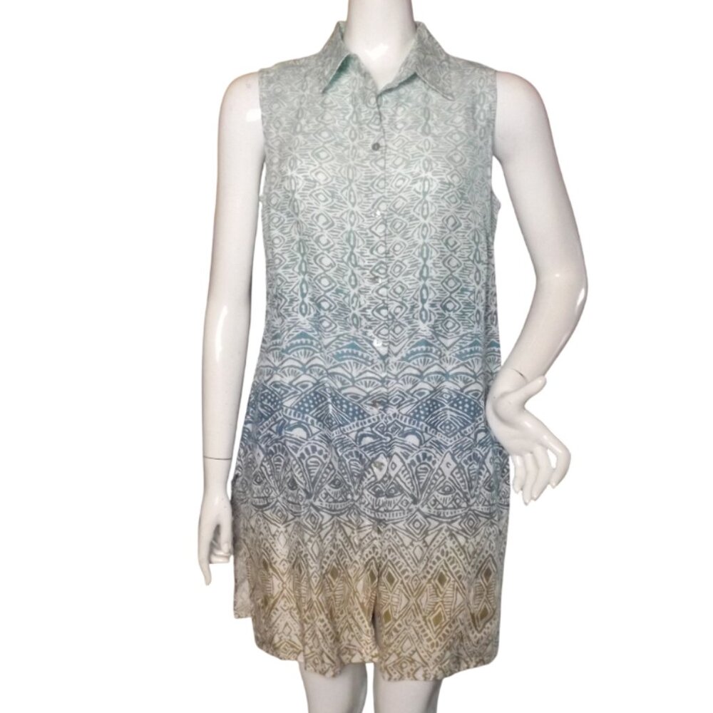 CHICO'S Linen/Flax Top, 1/M, Ombre, Tan/Blue, Collar/Buttons, Sleeveless, Slit